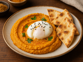 Plato de hummus de ahuyama con huevo poché y pan pita crocante, servido con especias naturales sobre mesa rústica, receta saludable y creativa con condimentos MAC.