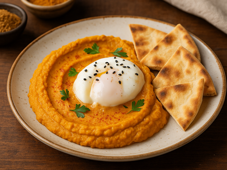 Plato de hummus de ahuyama con huevo poché y pan pita crocante, servido con especias naturales sobre mesa rústica, receta saludable y creativa con condimentos MAC.