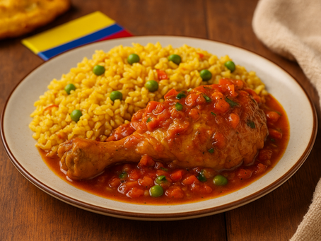 Plato tradicional colombiano de pollo en salsa criolla con arroz atollado, acompañado de plátano maduro y arvejas, servido con condimentos naturales MAC.