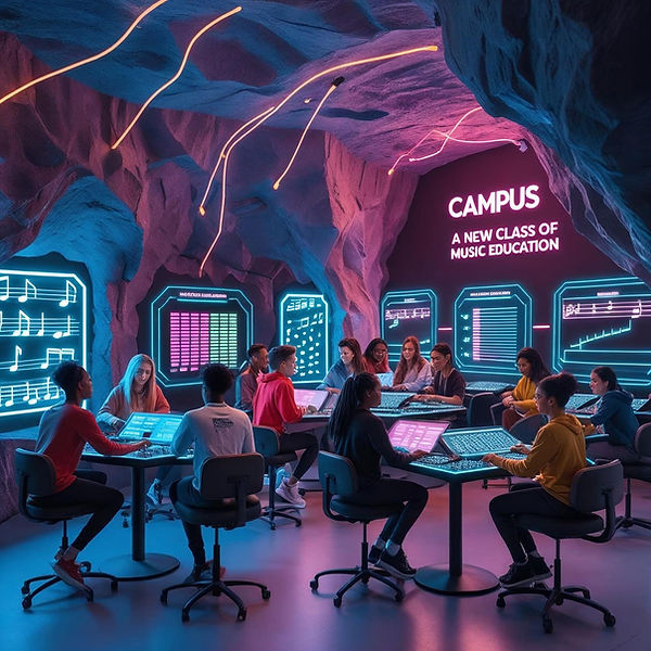 _A group of diverse music creatives learning inside a futuristic cave classroom. The walls