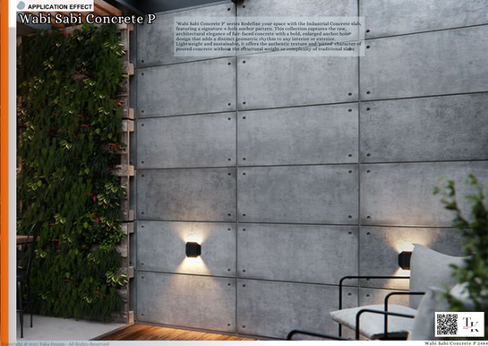 ‘Wabi Sabi Concrete P’ series Redefine your space with the Industrial Concrete slab, featuring a signature 4-hole anchor pattern. This collection captures the raw, architectural elegance of fair-faced concrete with a bold, enlarged anchor hole design that adds a distinct geometric rhythm to any interior or exterior. Lightweight and sustainable, it offers the authentic texture and 'pitted' character of poured concrete without the structural weight or complexity of traditional slabs.