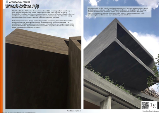 The ‘Wood Oakes P/J” series demonstrates how MCM coverings adapt seamlessly to bold, angular architectural forms. Its authentic wood grain texture interacts beautifully with light and shadow, enhancing the geometry of modern façades. Beyond aesthetics, the patented MCM technology ensures dimensional stability, anti-aging and discoloration resistance, even across large, exposed surfaces.
With its eco‑conscious design eliminating timber harvesting, this series delivers the warmth of natural wood while aligning with sustainable building practices. The combination of lightweight construction, ease of installation, and long‑term durability makes ‘Wood Oakes P/J 2268' the ideal solution for projects that demand both striking visual impact and reliable performance.