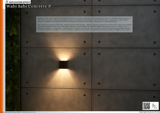 Redefine your space with the Wabi Sabi Concrete P series, a collection that harmonizes the raw, architectural elegance of fair-faced concrete with the grounding essence of natural earth elements. Each slab features a signature 4-hole anchor pattern, reminiscent of ancient stone formations, inviting a connection to the planet's enduring beauty.
This collection captures the bold, enlarged anchor hole design, adding a distinct geometric rhythm that echoes the organic patterns found in nature. The Wabi Sabi Concrete P series offers the timeless appeal of poured concrete without the structural weight or complexity, allowing you to infuse your interiors or exteriors with an elemental, grounded aesthetic. It’s more than just a design; it’s an invitation to embrace the beauty of imperfection and the quiet strength of the earth.