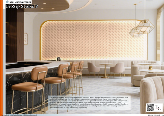 The ‘BioSip Sticks P’ Series enhances lounge interiors with a refined herringbone texture that comes alive under soft backlighting. The stick‑like arrangement creates a rhythmic zigzag pattern, and when illuminated, it produces a subtle 3D effect that adds depth and dimension to the space. This interplay of light and texture transforms walls into warm, inviting focal points, perfect for cultivating a cosy atmosphere in upscale lounges, cafés, or hospitality settings. Engineered with patented MCM technology, the series combines durability, moisture regulation, and intelligent breathability, ensuring surfaces remain as resilient as they are visually captivating.