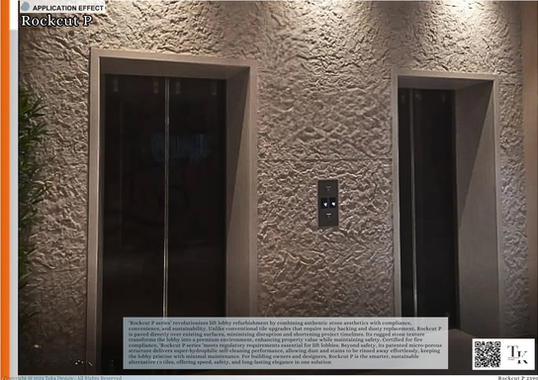 ‘Rockcut P series’ revolutionizes lift lobby refurbishment by combining authentic stone aesthetics with compliance, convenience, and sustainability. Unlike conventional tile upgrades that require noisy hacking and dusty replacement, Rockcut P is paved directly over existing surfaces, minimizing disruption and shortening project timelines. Its rugged stone texture transforms the lobby into a premium environment, enhancing property value while maintaining safety. Certified for fire compliance, ‘Rockcut P series ‘meets regulatory requirements essential for lift lobbies. Beyond safety, its patented micro‑porous structure delivers super‑hydrophilic self‑cleaning performance, allowing dust and stains to be rinsed away effortlessly, keeping the lobby pristine with minimal maintenance. For building owners and designers, Rockcut P is the smarter, sustainable alternative to tiles, offering speed, safety, and long‑lasting elegance in one solution.