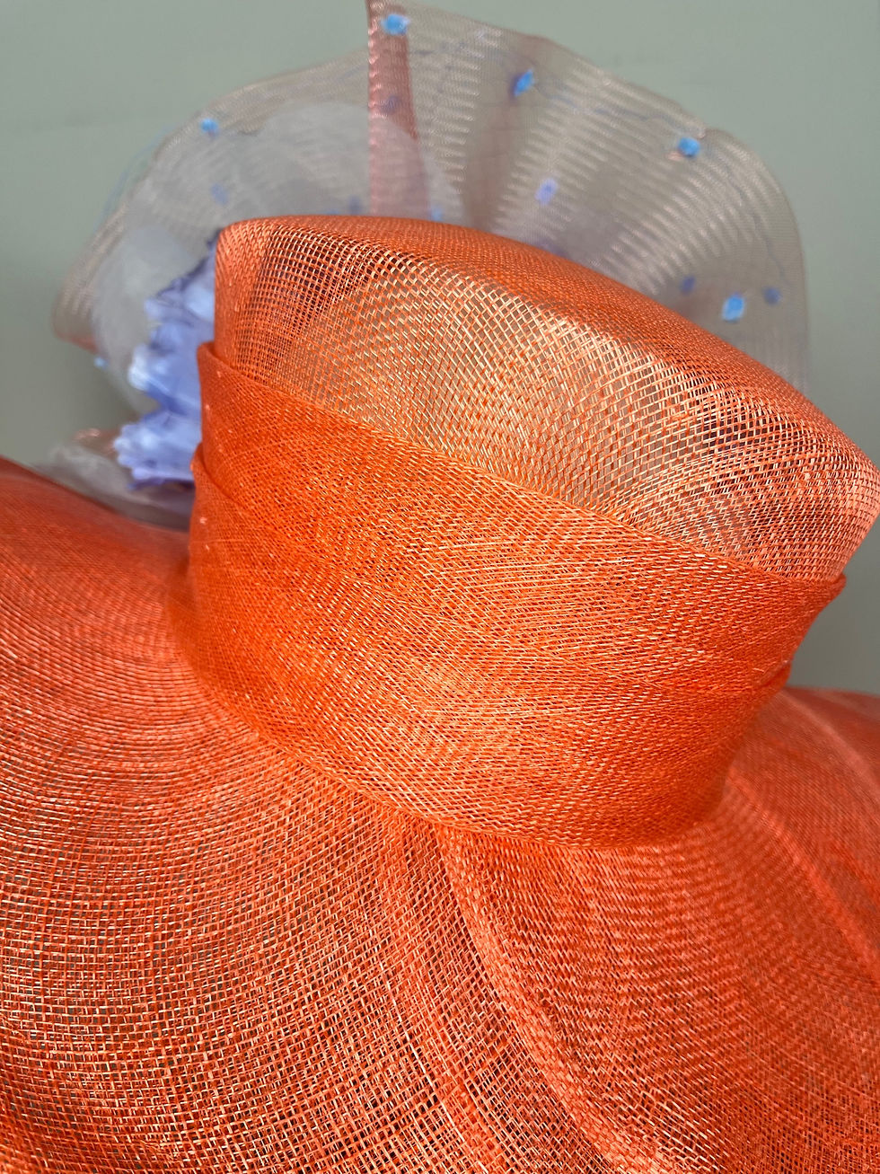 Thumbnail: Coral Hat with Baby Blue Flower 