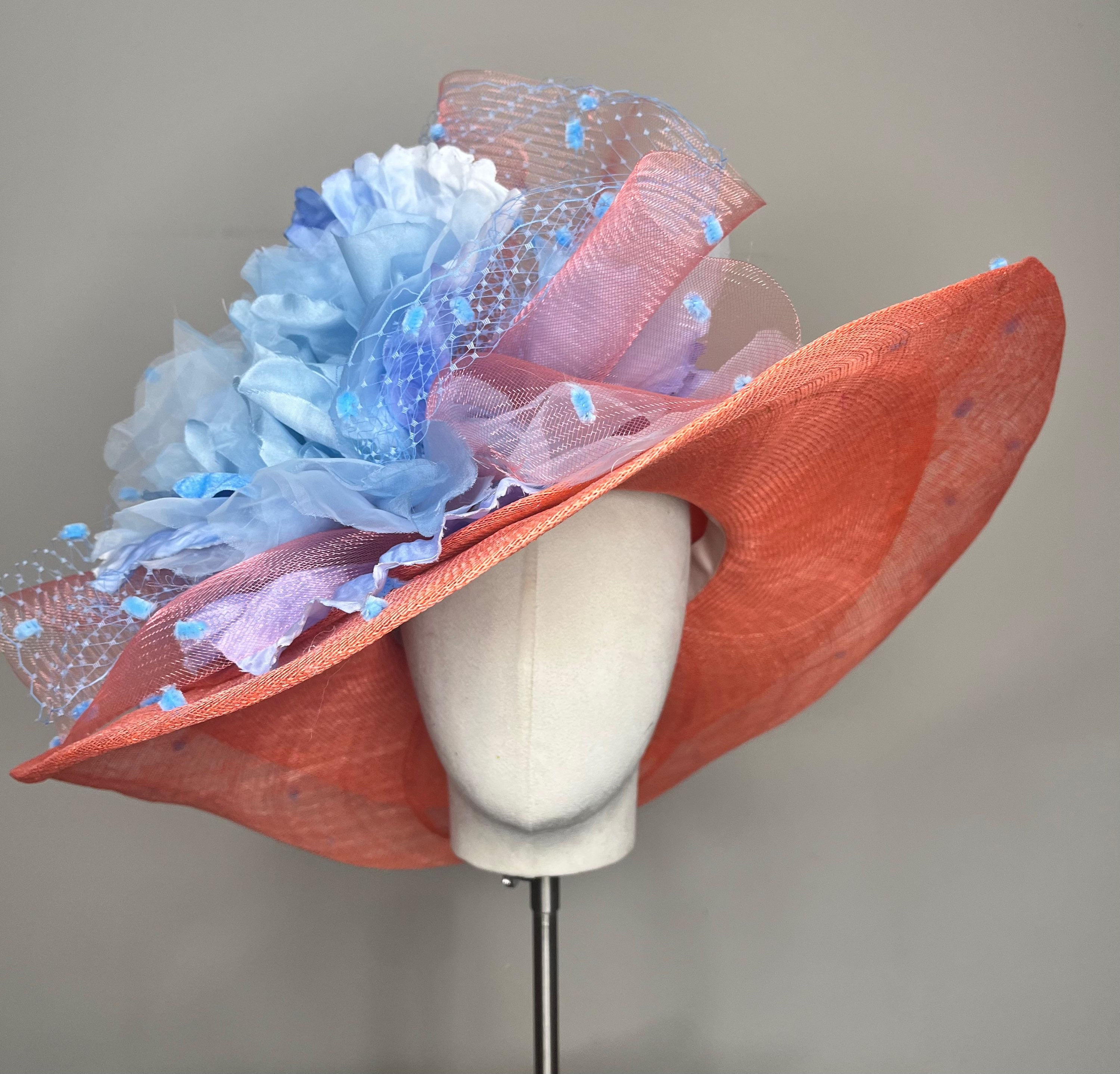 Coral Hat with Baby Blue Flower 