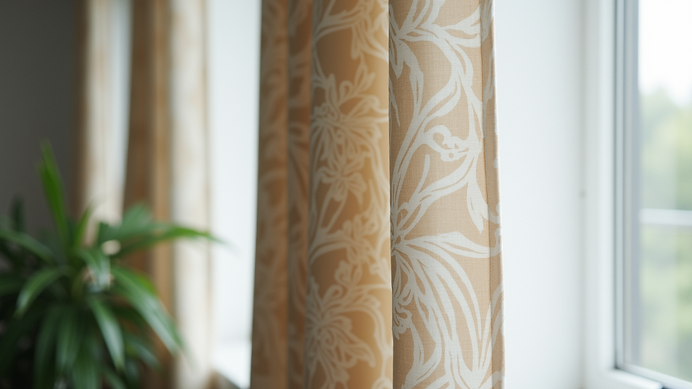 Close-up of patterned curtains hanging in a modern room