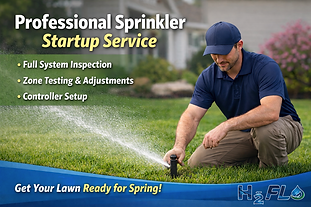 Sprinkler startup service in Michigan with technician adjusting irrigation sprinkler head on a residential lawn in spring