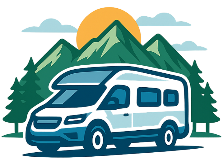 Motorhome camping scene with mountains, sun, and trees. Ashby Motorhome.