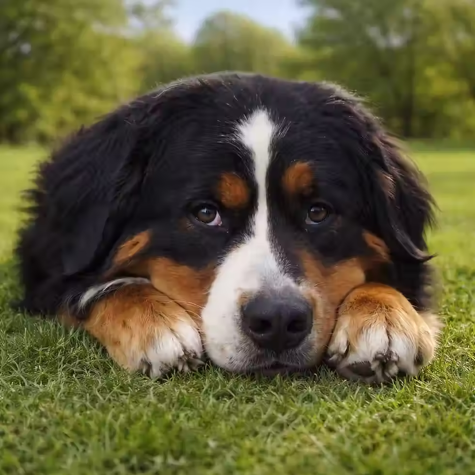 Black dog sitting on the grass