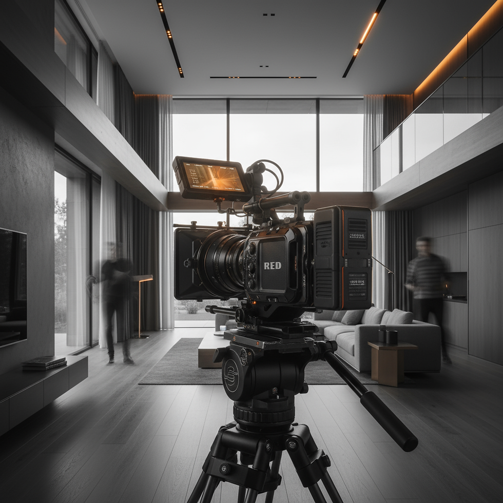 Professional film camera on a tripod inside modern living room setting.