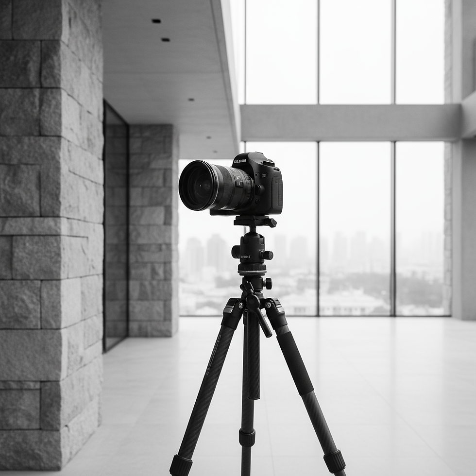 Camera on tripod in a modern room, capturing the city view.