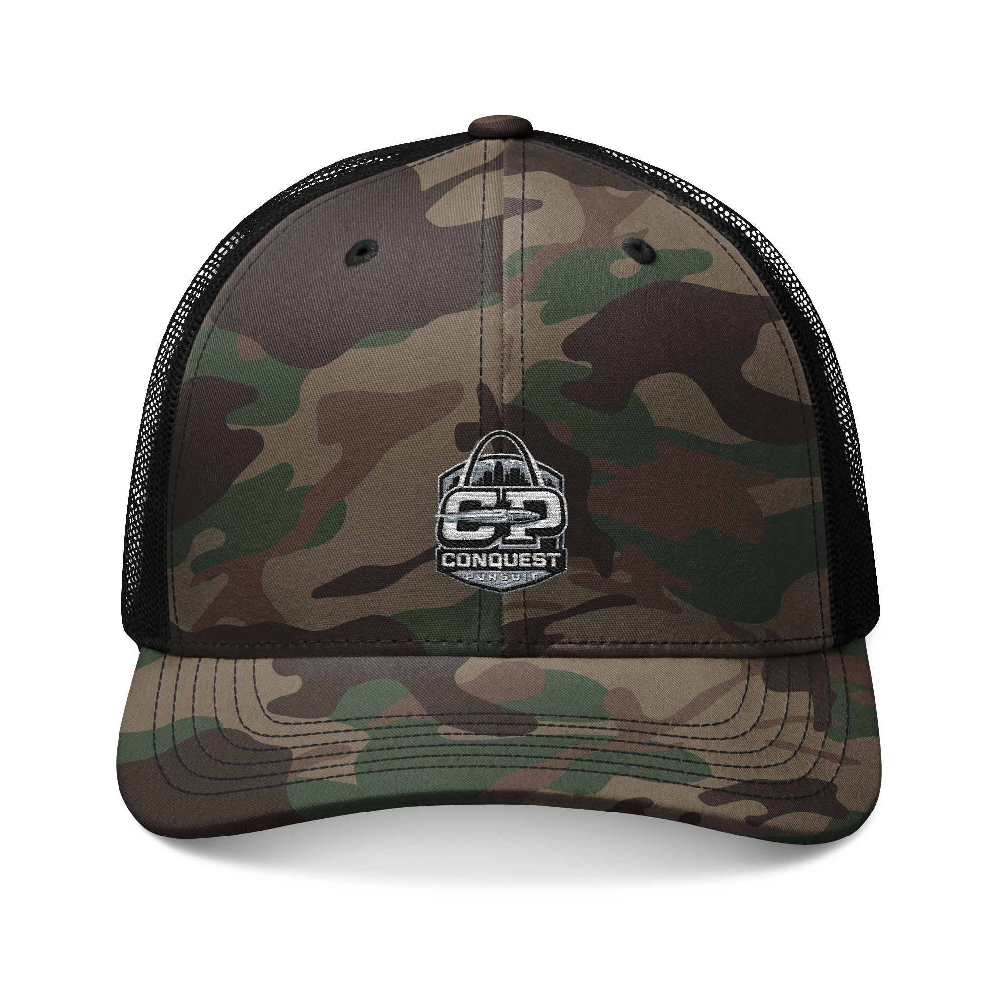 Camo Embroidered Trucker Hat – Classic Military Mesh Cap