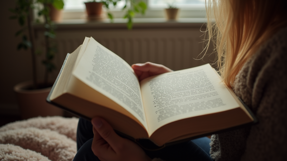 Eye-level view of a person reading a book in a cozy setting