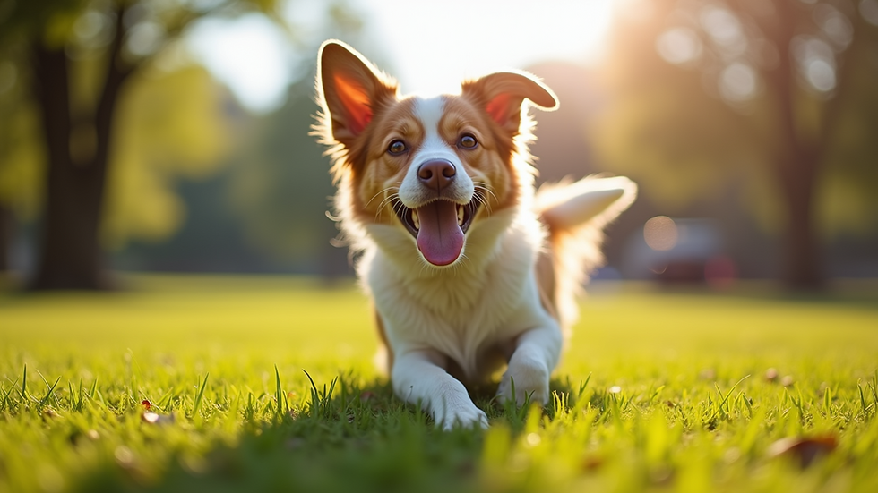 Eye-level view of a happy dog playing in a sunny park
