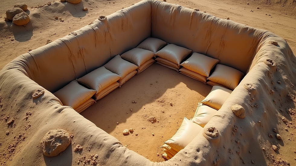 High angle view of earthbag construction site with foundation and stacked bags