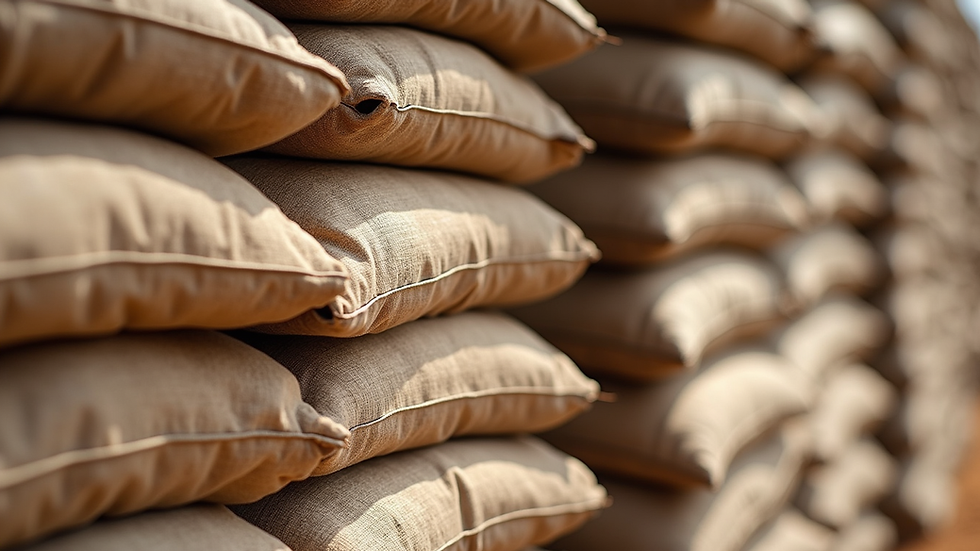 Close-up view of earthbag construction materials stacked and ready for building