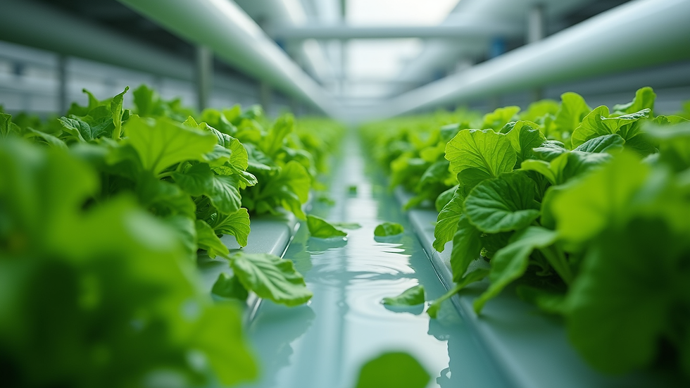 Eye-level view of an aquaponics system with leafy greens and fish tanks