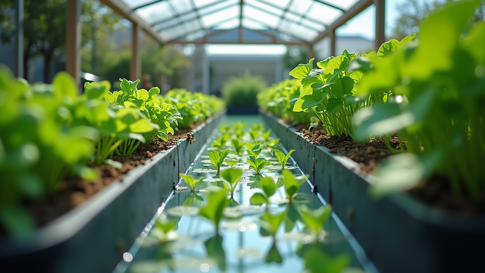 Eye-level view of a backyard aquaponics system with fish tanks and grow beds