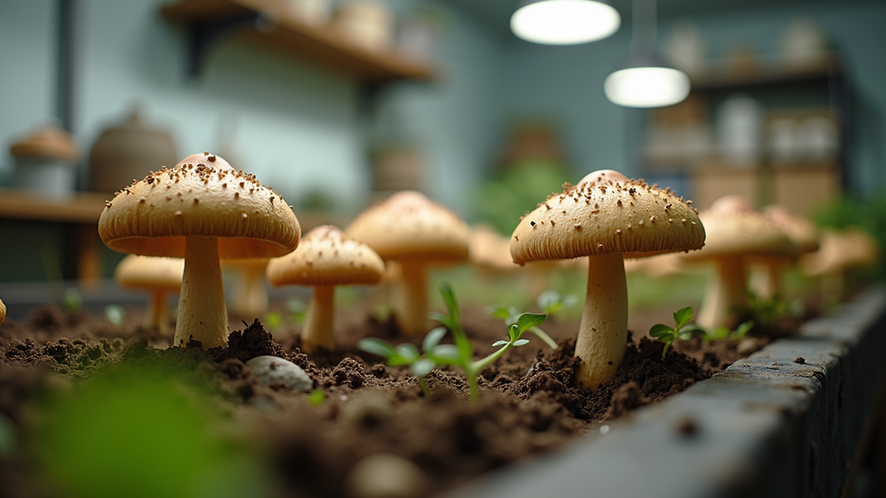 Eye-level view of a home mushroom cultivation setup with growing bags