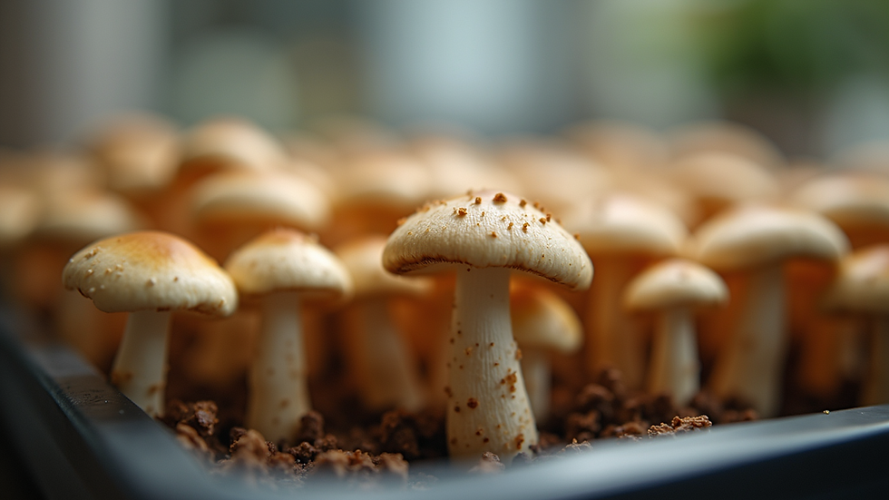 Eye-level view of a home mushroom cultivation kit with growing oyster mushrooms