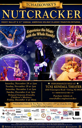 Roxey Ballet Tchaikovsky's Nutcracker 2026 poster: performances November 28 and 29 and December 5 and 6 at 2pm, Relaxed Sensory-Friendly Matinee December 4 at 10am, TCNJ Kendall Hall, Ewing, NJ