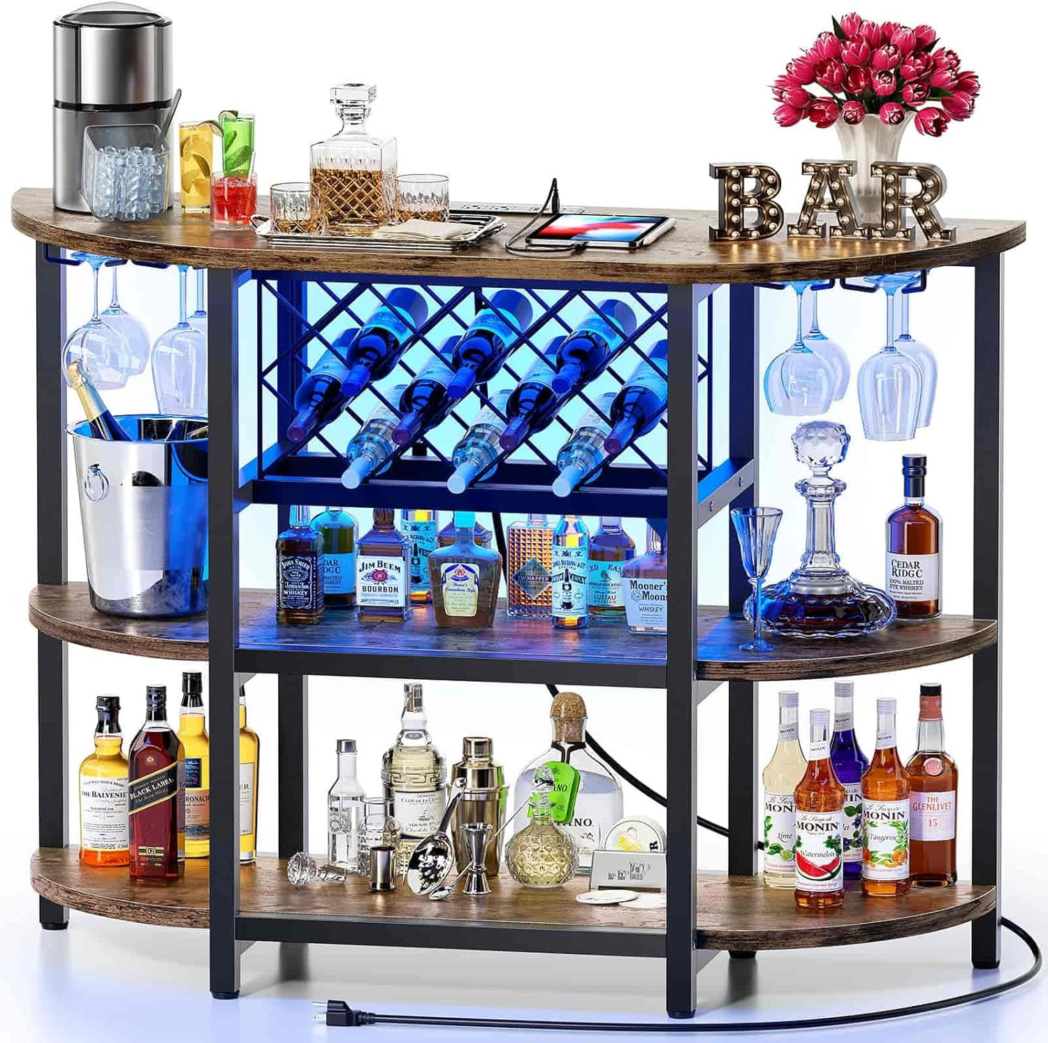 Zarler Bar Cart Bar Table with Power Outlet, LED Home Bar Cabinet for Liquor, M