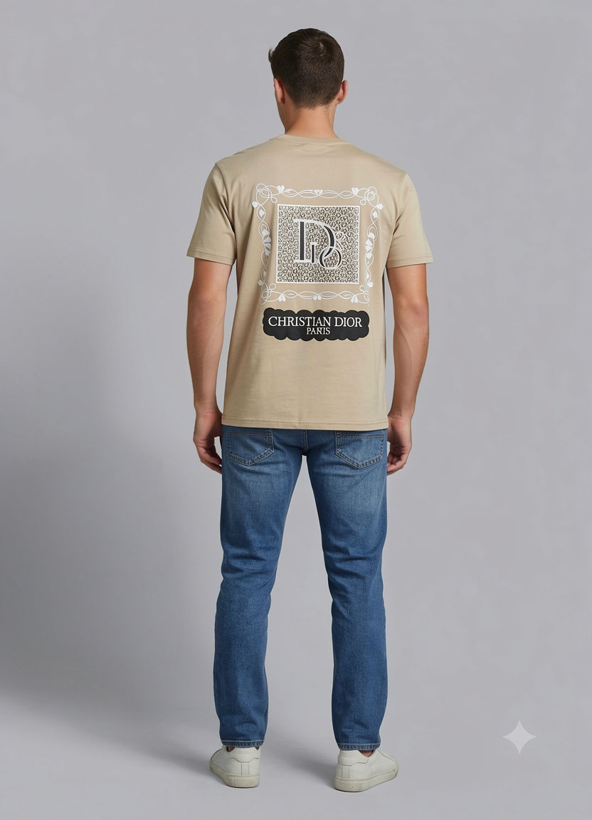 Men's Beige Graphic Back Printed Round Neck T-Shirt - Christian Dior Paris Print