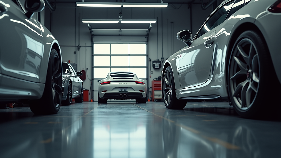 Eye-level view of a car garage with tuning equipment and tools