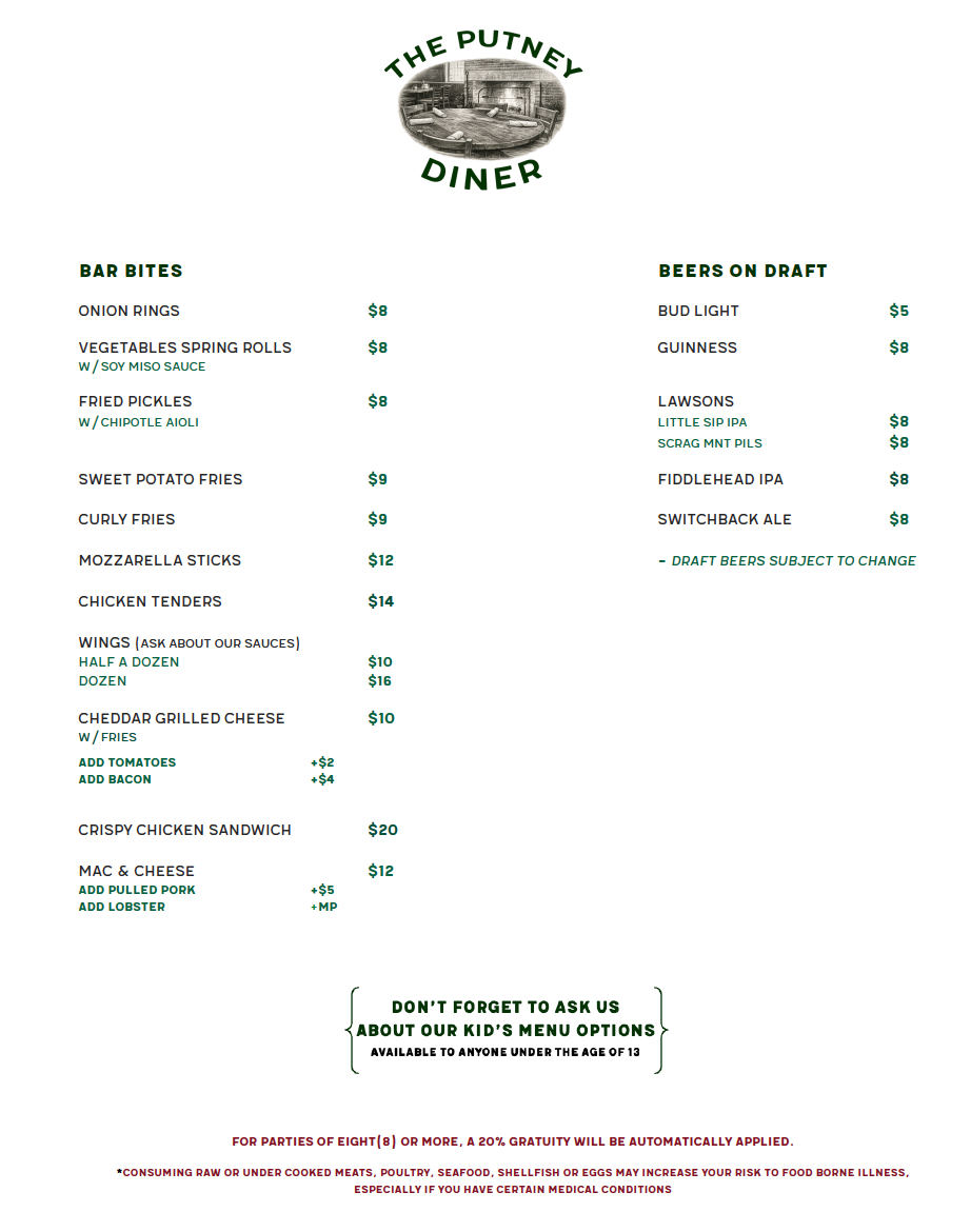 Putney Diner- Dinner Menu Pager 1