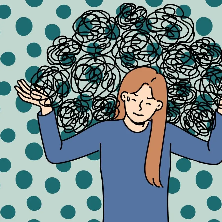 Woman carrying a chaotic cloud of thoughts on her shoulder, symbolising the invisible mental load mothers often hold.