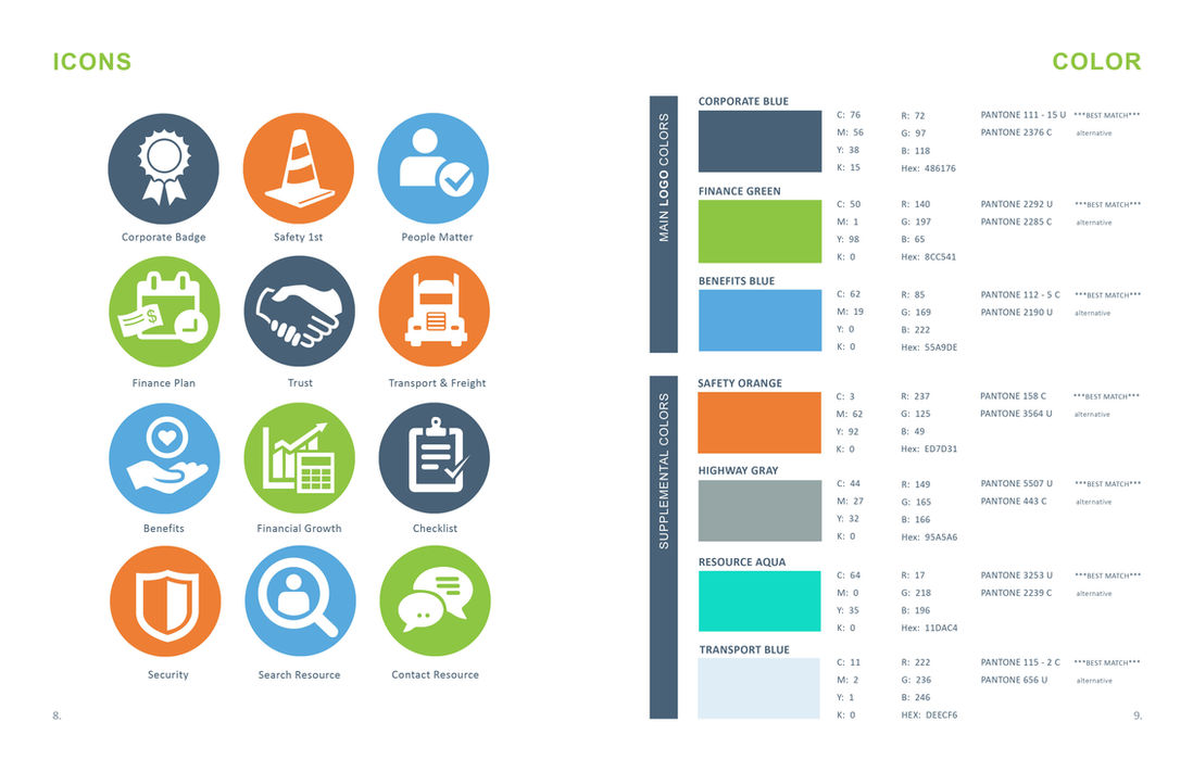 Brand style guide, logo design, icon design, text and layout design for a human resources and risk management corporation