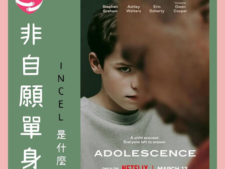 一張圖片呈現出網路論壇的截圖,搭配文字說明INCEL文化,提醒大眾關注此現象,並可諮詢精神科醫生。