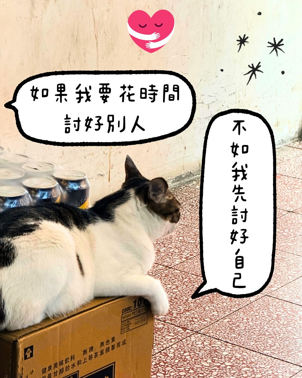 一位精神科醫生正在耐心聆聽患者講述如何在生活中優先「討好自己」,而非一味迎合他人,桌旁有一隻好奇的貓咪。