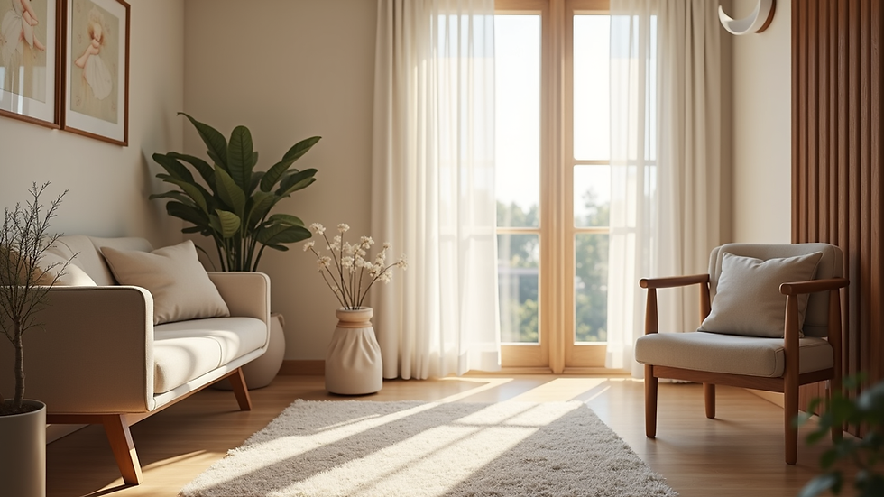 Eye-level view of a serene therapy room with comfortable seating