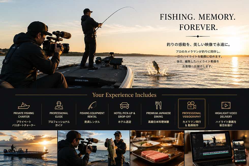 Wide landscape promotional image showing bass fishing at sunset, professional cameraman filming, premium Japanese dining, and video editing screens