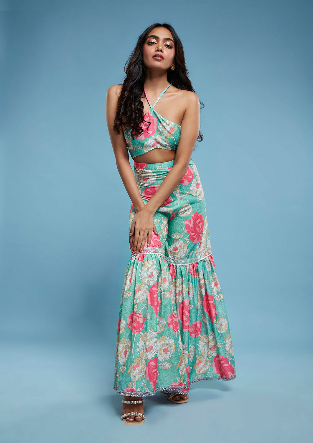FLORAL PRINTED HALTER TOP AND SHARARA SET