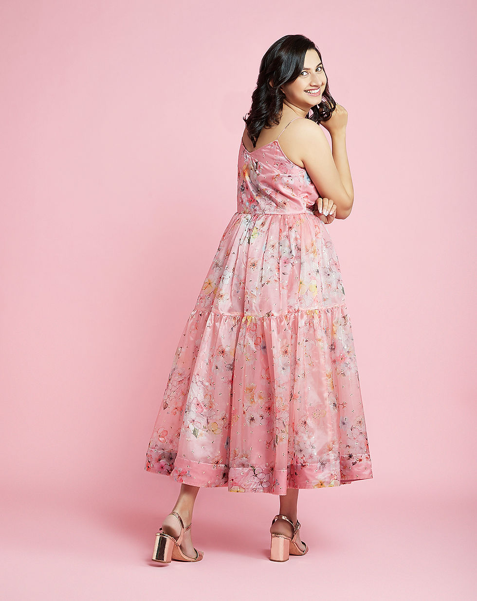Thumbnail: MOM PINK PRINTED TIERRED FLORAL DRESS KURTA