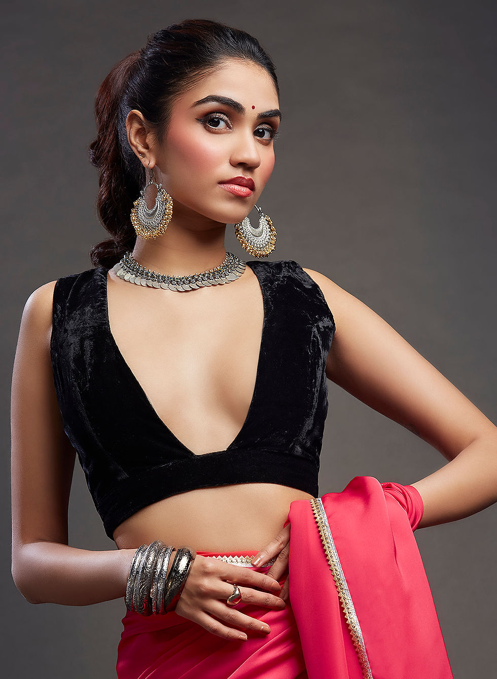 Thumbnail: Black Plunge Velvet Blouse