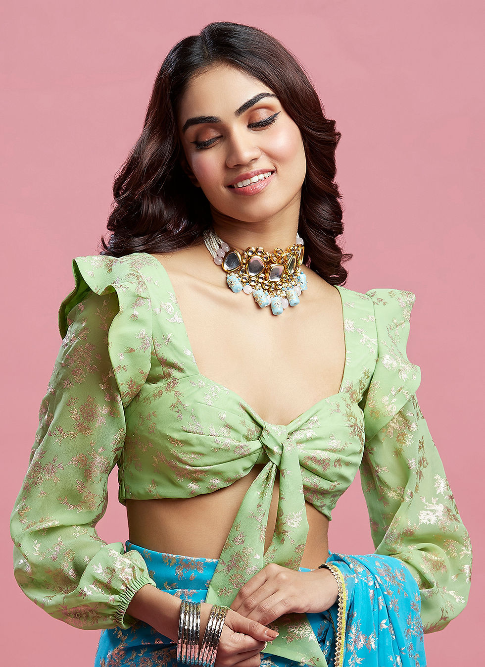 Thumbnail: Lime Barfi Front tieup blouse