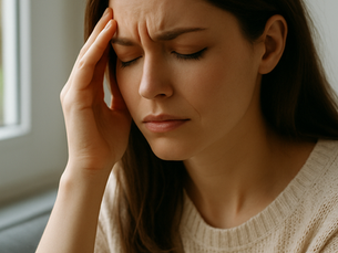 young woman sits by a window with her eyes closed and a hand resting on her temple, wearing a soft beige sweater. Her expression shows quiet stress or overwhelm, symbolizing anxiety or overthinking in a calm, reflective moment.