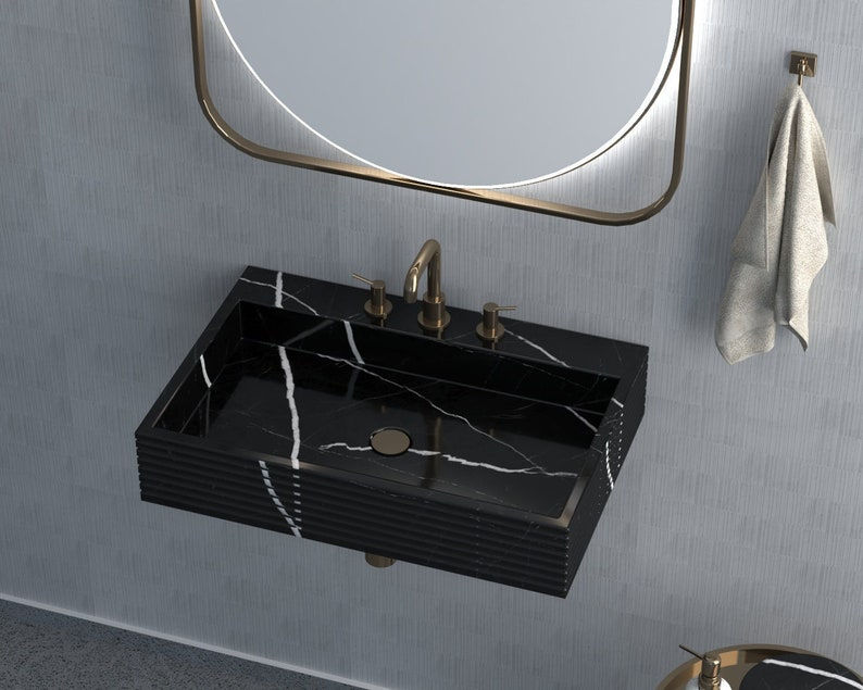 Luxury Design Bathroom Vanity Sink, Black Natural Stone Rectangular Washbasin