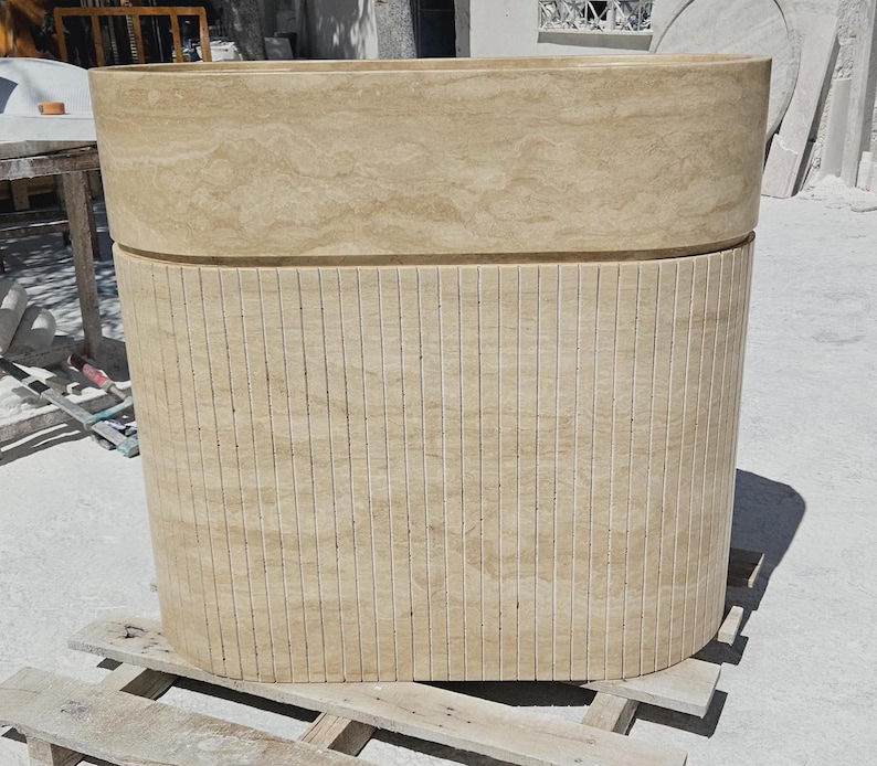 Thumbnail: Fluted Design Travertine Pedestal Sink, Stone Pedestal Wahsbasin