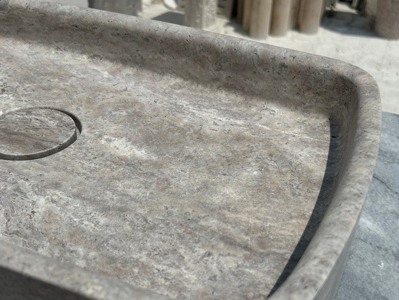 थंबनेल: Italian Silver Travertine Countertop Washbasin Bathroom Sink, Marble Vessel Sink