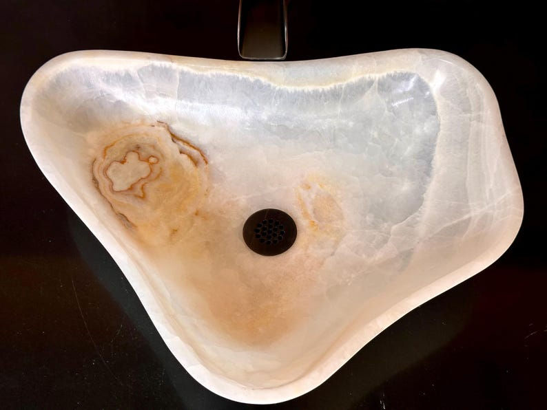 Thumbnail: Natural Onyx Bathroom Washbasin, Hand carved Vessel Sink Sculpted to perfection