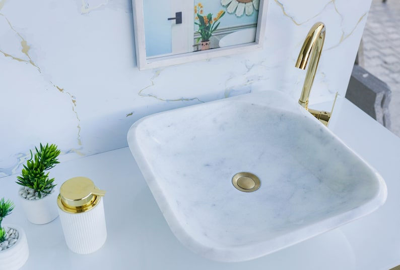 Thumbnail: White Marble Rectangular Washbasin, Marble Bathroom Counter top Basin