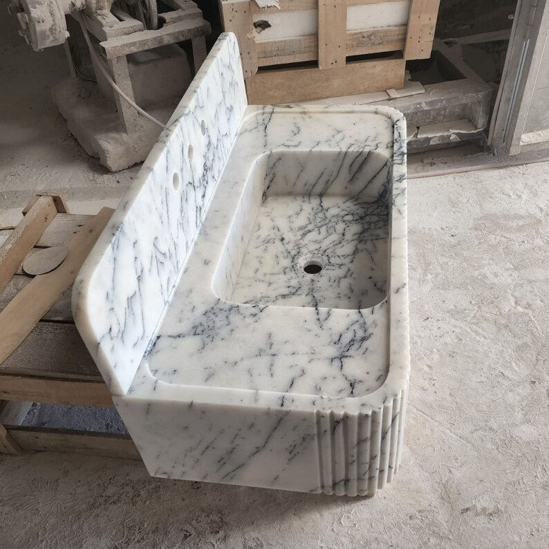 Thumbnail: Liliac Marble Wall Mount Sink with Back Splash, Floating Vessel Sink