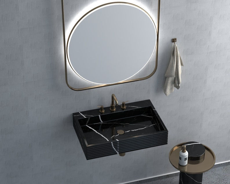 Thumbnail: Luxury Design Bathroom Vanity Sink, Black Natural Stone Rectangular Washbasin