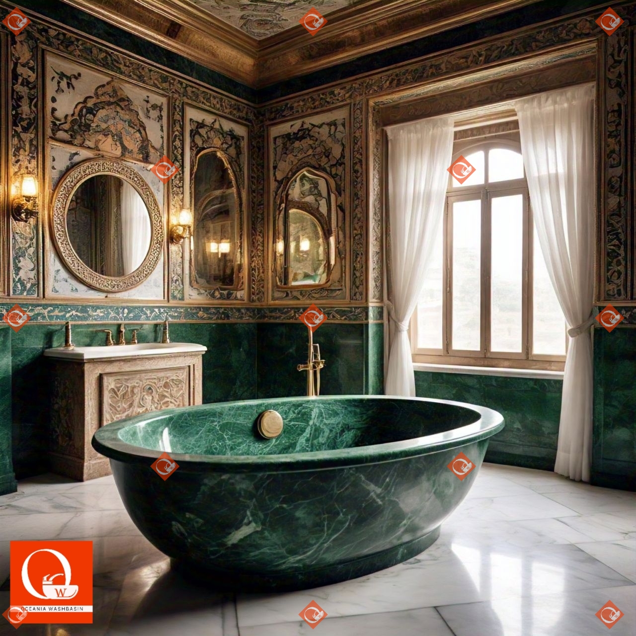 Handcrafted Green Marble Bathtub Brass India — Luxury Bathroom Design